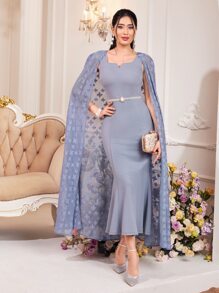 Modelyn Floral Print Notched Neckline Dress With Cape - Dusty Blue - View 4