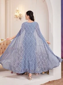 Modelyn Floral Print Notched Neckline Dress With Cape - Dusty Blue - View 2