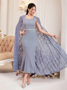 Modelyn Floral Print Notched Neckline Dress With Cape - Dusty Blue - View 3