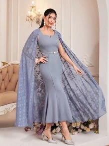 Modelyn Floral Print Notched Neckline Dress With Cape - Dusty Blue - View 5