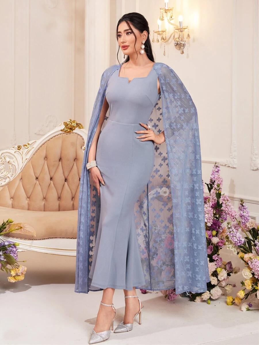 Modelyn Floral Print Notched Neckline Dress With Cape - Dusty Blue - View 1