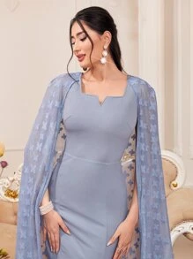 Modelyn Floral Print Notched Neckline Dress With Cape - Dusty Blue - View 6