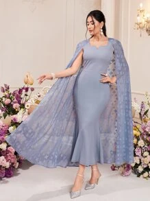 Modelyn Floral Print Notched Neckline Dress With Cape - Dusty Blue - View 7