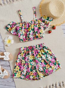 SHEIN 女孩印花挖肩上衣和短褲 - 彩色 - 查看 1