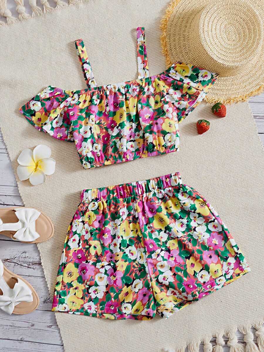 SHEIN 女孩印花挖肩上衣和短褲 - 彩色 - 查看 1