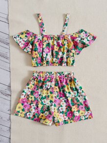 SHEIN 女孩印花挖肩上衣和短褲 - 彩色 - 查看 2