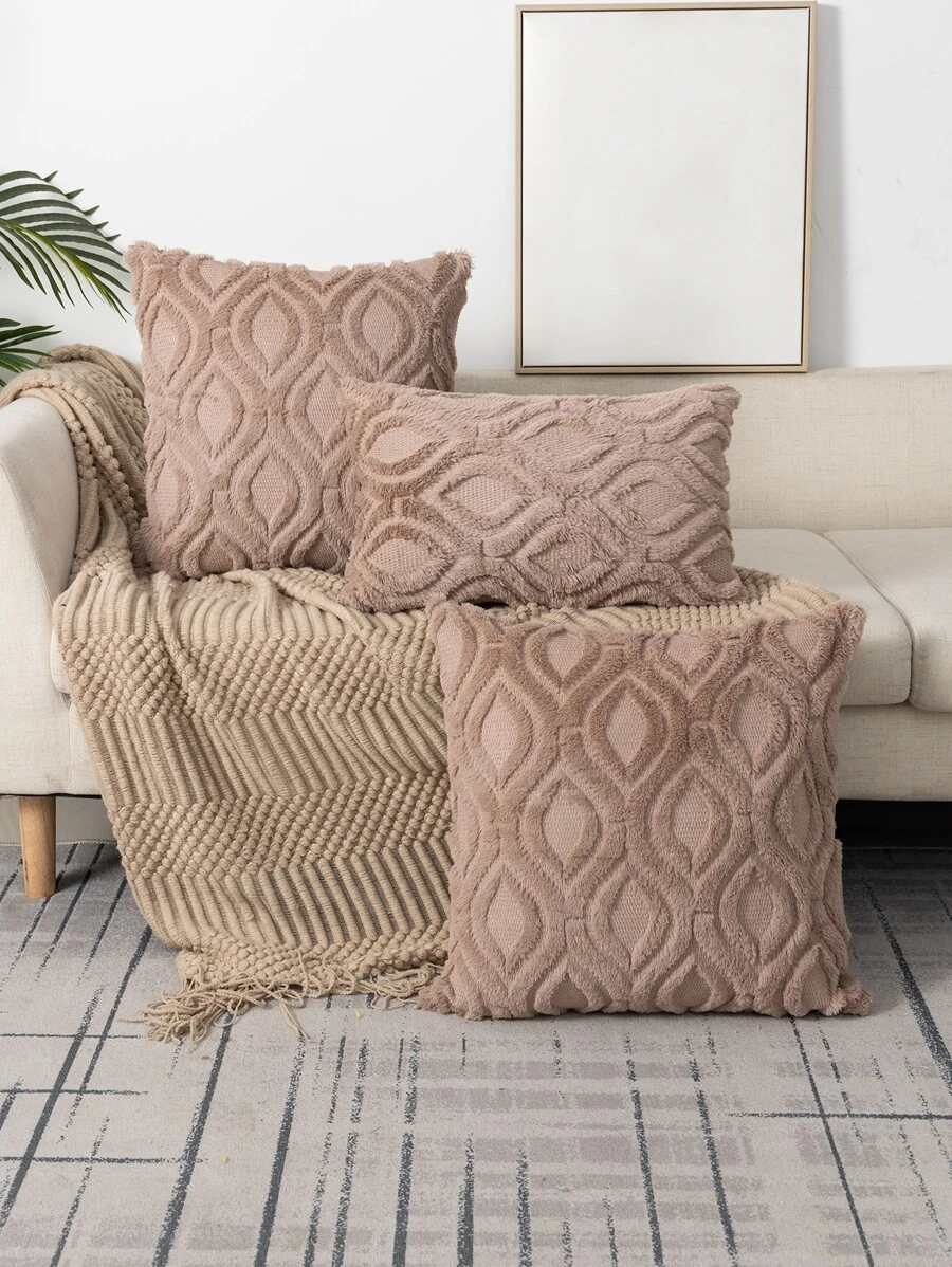 1pc Geometric Textured Cushion Cover Without Filler, Soft Throw Pillow Case For Sofa - Khaki - View 1