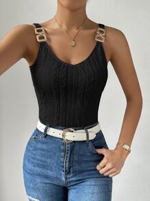 Chiquease Áo hai dây Chuỗi màu trơn Giải trí - màu đen - Xem 3