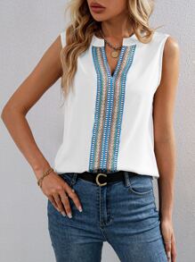 SHEIN Clasi Contrast Trim Notched Neckline Sleeveless Blouse - White - View 3