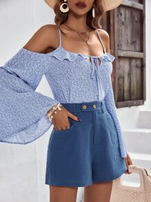 SHEIN Unity 高腰雙口袋闊腿短褲 - 藍色 - 查看 1