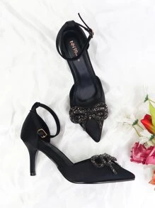 NỮ Pha lê & Trang trí Bow Chóp giầy nhọn Giày cao gót Stiletto Pumps , Buổi tiệc Duyên dáng Đen Chất rắn Xa ten Giày Cao Gót Buộc dây mắt cá chân Đối với Ngoài trời - màu đen - Xem 1
