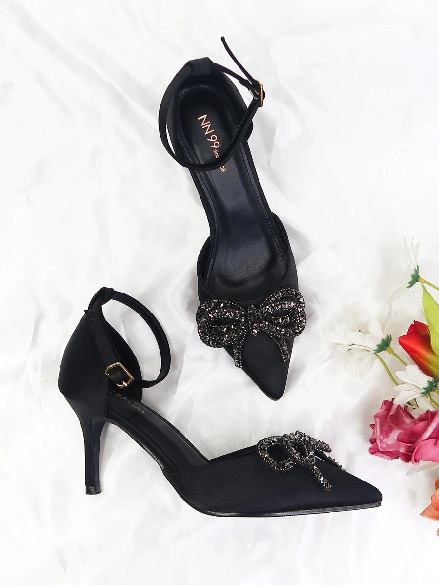NỮ Pha lê & Trang trí Bow Chóp giầy nhọn Giày cao gót Stiletto Pumps , Buổi tiệc Duyên dáng Đen Chất rắn Xa ten Giày Cao Gót Buộc dây mắt cá chân Đối với Ngoài trời - màu đen - Xem 1
