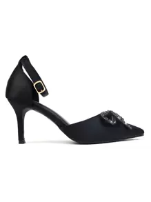 NỮ Pha lê & Trang trí Bow Chóp giầy nhọn Giày cao gót Stiletto Pumps , Buổi tiệc Duyên dáng Đen Chất rắn Xa ten Giày Cao Gót Buộc dây mắt cá chân Đối với Ngoài trời - màu đen - Xem 3