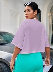 SHEIN EZwear Plus Solid Drop Shoulder Crop Tee - Lilac Purple - View 2