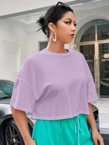 SHEIN EZwear Plus Solid Drop Shoulder Crop Tee - Lilac Purple - View 3