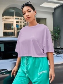 SHEIN EZwear Plus Solid Drop Shoulder Crop Tee - Lilac Purple - View 4