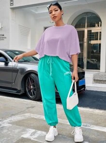 SHEIN EZwear Plus Solid Drop Shoulder Crop Tee - Lilac Purple - View 5