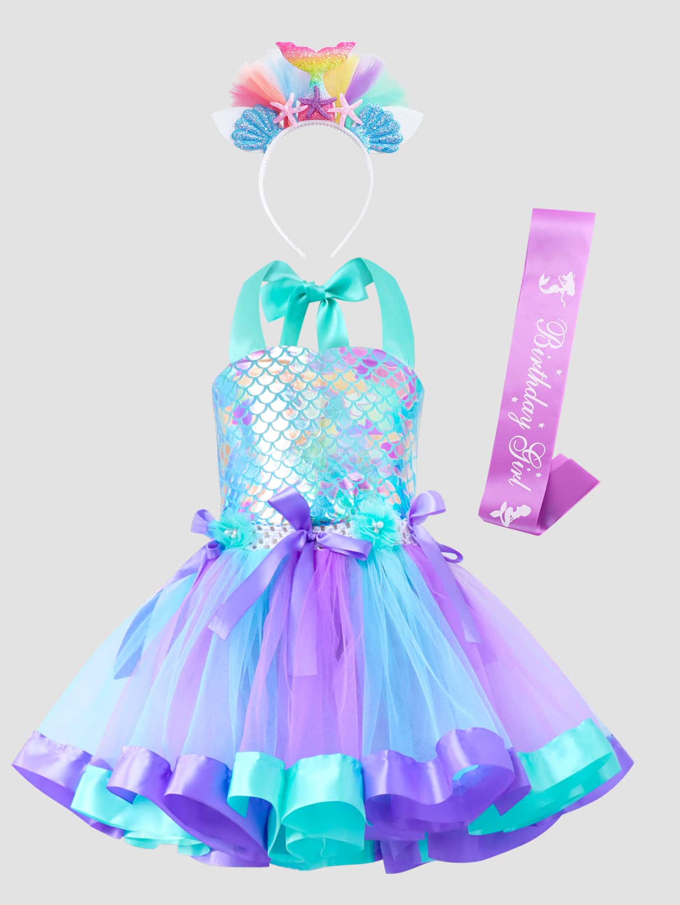 年輕女孩魚鱗印花網狀裙邊派對禮服&髮帶&緞帶