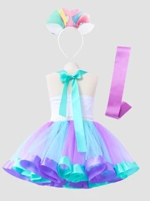 年輕女孩魚鱗印花網狀裙邊派對禮服&髮帶&緞帶