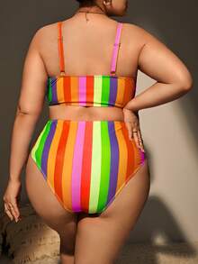 Plus Size Rainbow Striped Print Bikini Set Summer Beach - Multicolor - View 2