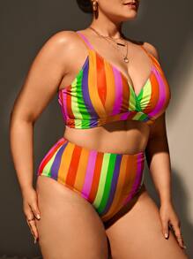 Plus Size Rainbow Striped Print Bikini Set Summer Beach - Multicolor - View 4