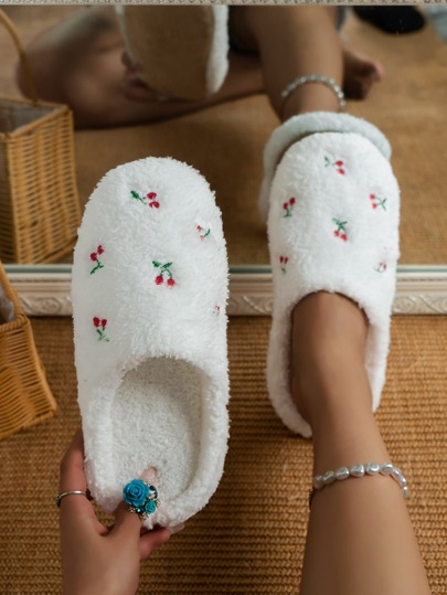 Fall/Winter Women's Cherry Embroidered Quiet Slippers, Cute Cherry Design, Super Soft & Cushioned, Slip-On Slippers For Bedroom/Home Use,Christmas Outfits,Fluffy Slippers