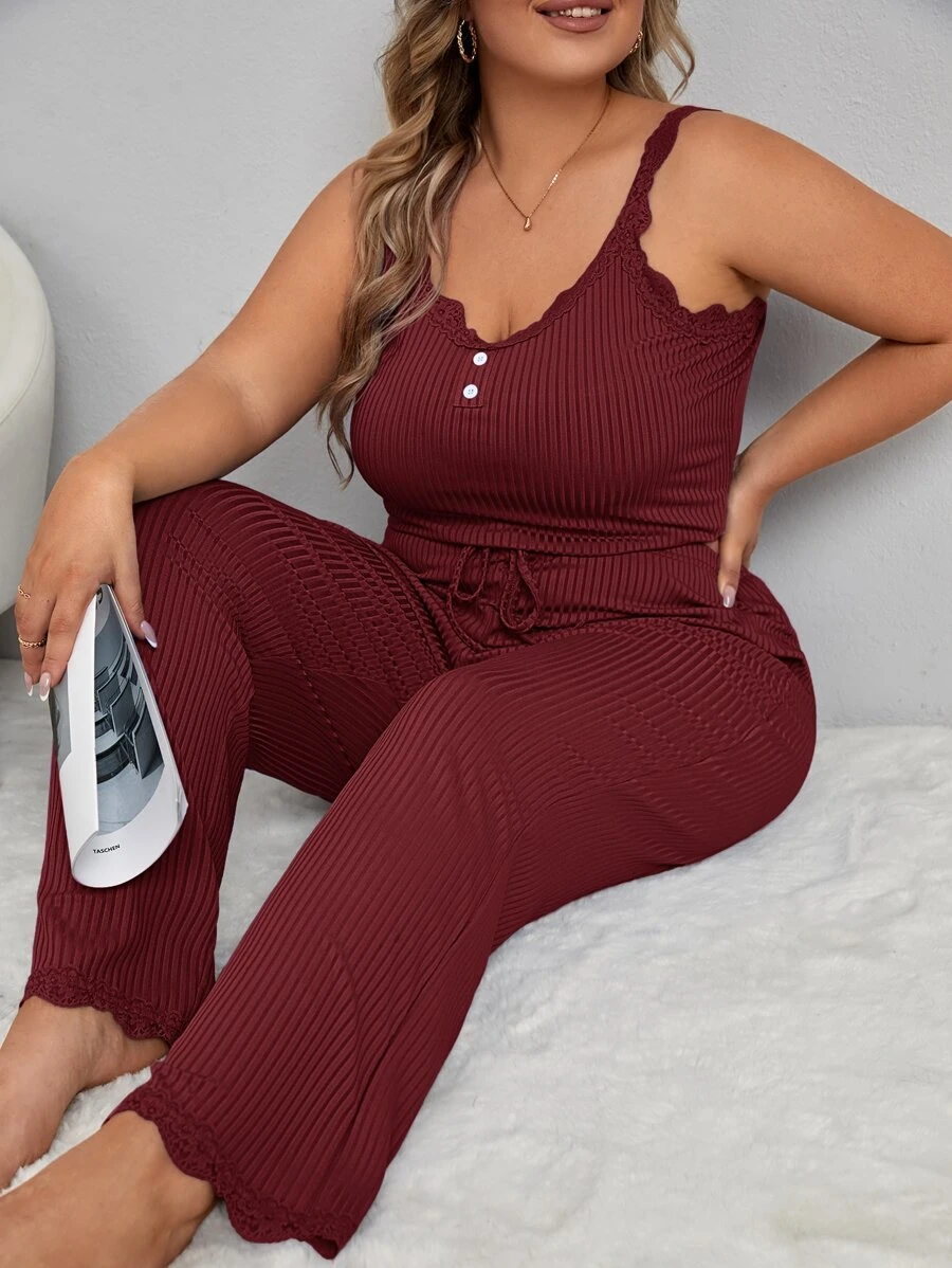 Plus Lace Trim Fake Button Tie Front PJ Set / Pajama Set - Burgundy - View 1