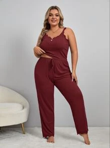 Plus Lace Trim Fake Button Tie Front PJ Set / Pajama Set - Burgundy - View 2