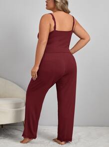 Plus Lace Trim Fake Button Tie Front PJ Set / Pajama Set - Burgundy - View 3