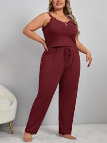 Plus Lace Trim Fake Button Tie Front PJ Set / Pajama Set - Burgundy - View 4