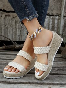 Giày bệt dày và Dép nêm Nữ Dây tết  màu trơn Kỳ nghỉ - Màu be - Xem 1