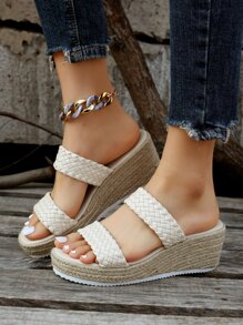 Giày bệt dày và Dép nêm Nữ Dây tết  màu trơn Kỳ nghỉ - Màu be - Xem 2