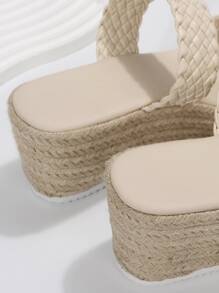 Giày bệt dày và Dép nêm Nữ Dây tết  màu trơn Kỳ nghỉ - Màu be - Xem 4