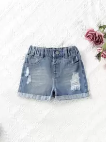 Toddler Girls Quần Shorts Denim Túi Bị tách màu trơn - Rửa trung bình - Xem 1