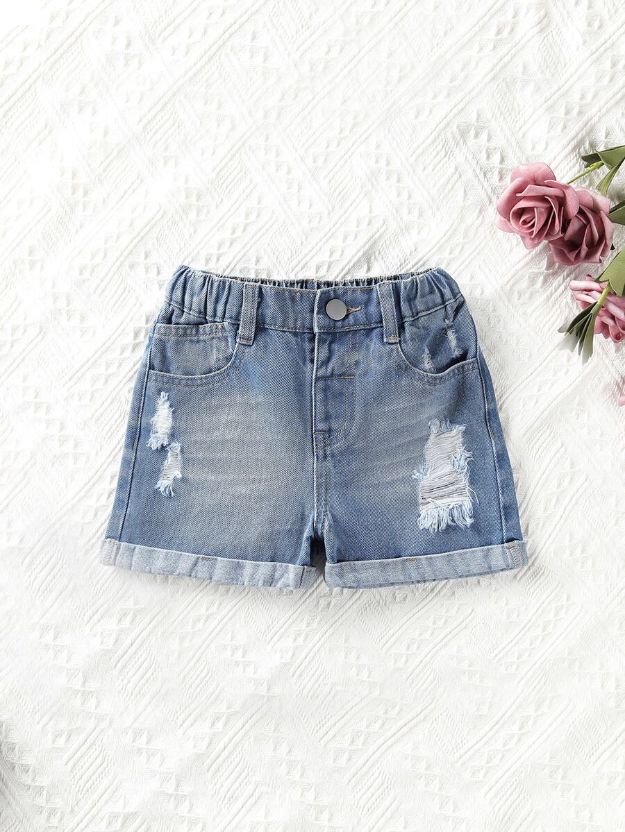 Toddler Girls Quần Shorts Denim Túi Bị tách màu trơn - Rửa trung bình - Xem 1