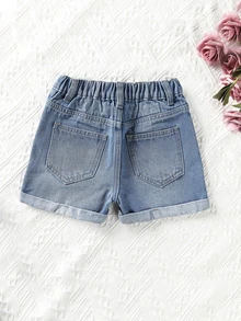 Toddler Girls Quần Shorts Denim Túi Bị tách màu trơn - Rửa trung bình - Xem 2
