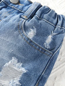 Toddler Girls Quần Shorts Denim Túi Bị tách màu trơn - Rửa trung bình - Xem 3