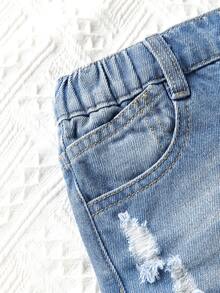 Toddler Girls Quần Shorts Denim Túi Bị tách màu trơn - Rửa trung bình - Xem 5