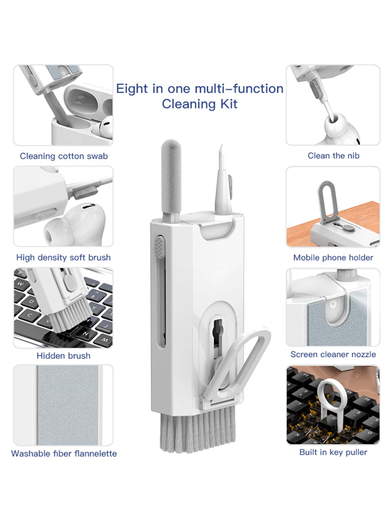 便攜式多功能無線耳機插頭清潔筆清潔完整套裝清潔除塵筆清潔筆耳機插頭清潔刷 - 白色 - 查看 1