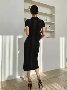 DAZY 純色鈕扣前開衩高衫裙 - 黑色 - 查看 2