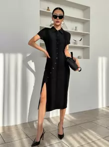 DAZY 純色鈕扣前開衩高衫裙 - 黑色 - 查看 3