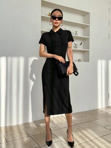 DAZY 純色鈕扣前開衩高衫裙 - 黑色 - 查看 4