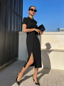 DAZY 純色鈕扣前開衩高衫裙 - 黑色 - 查看 5