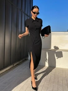 DAZY 純色鈕扣前開衩高衫裙 - 黑色 - 查看 6