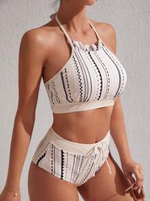 条纹荷叶边装饰吊带比基尼套装夏季海滩 - 彩色 - 查看 3