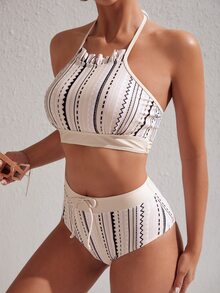 条纹荷叶边装饰吊带比基尼套装夏季海滩 - 彩色 - 查看 4