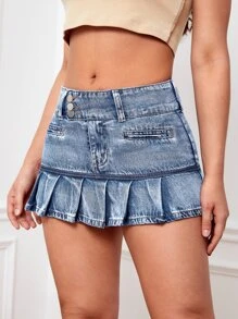 SHEIN EZwear Pleated Hem Denim Skirt - Light Wash - View 1