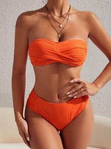 SHEIN Swim 夏季海灘扭結前扣泳衣套裝，泳裝 - 橘色 - 查看 3