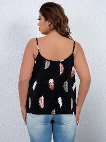 SHEIN LUNE Plus Feather Print Guipure Lace Trim Cami Top - Black - View 2
