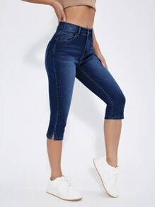 SHEIN Essnce Quần jean nữ Nút Túi Dây kéo màu trơn - Rửa tối - Xem 1